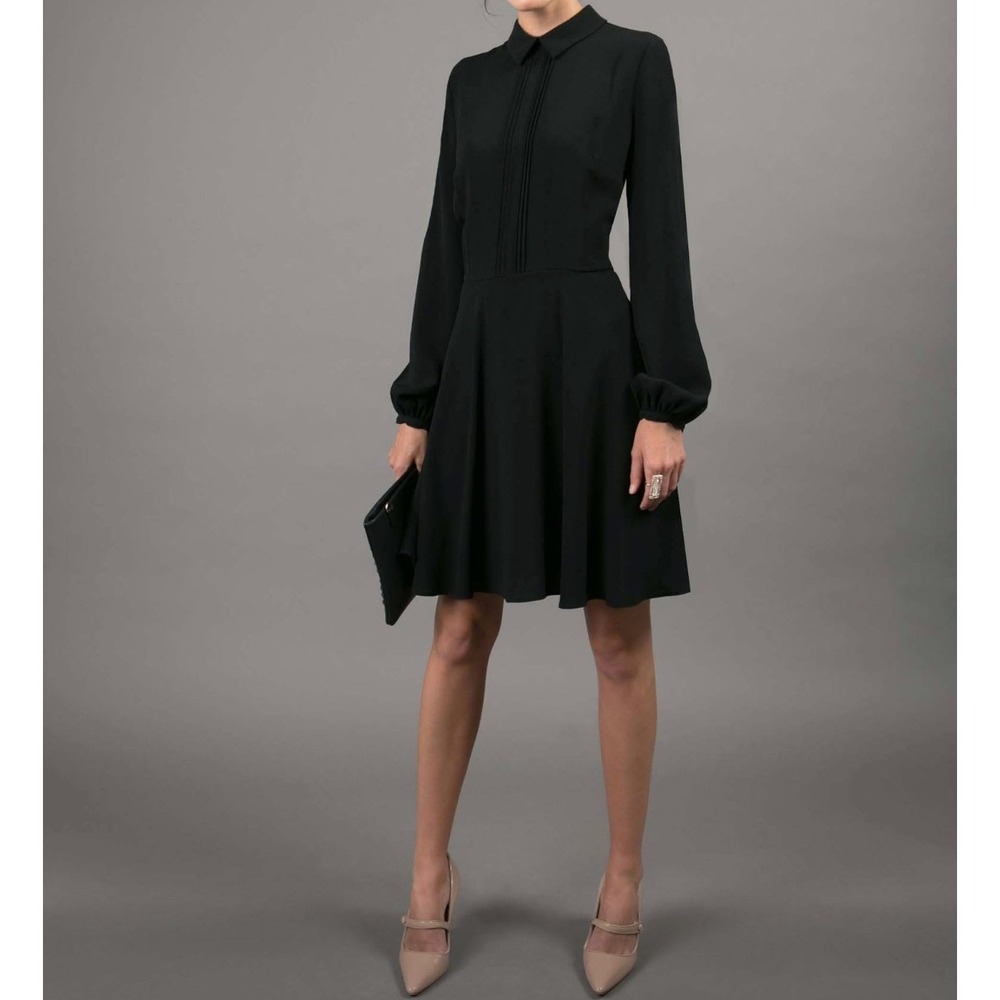 Pintuck Black Mini‎ Shirt Dress Long Sleeve Collared Size 6